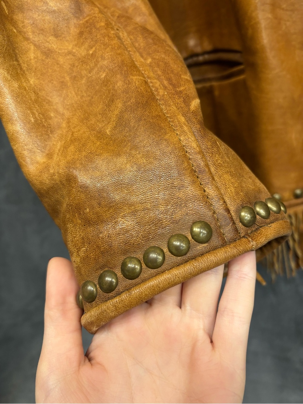 Medium Double D Ranch Tan Fringe Studded Western Cowgirl Leather Jacket - Picture 7 of 11